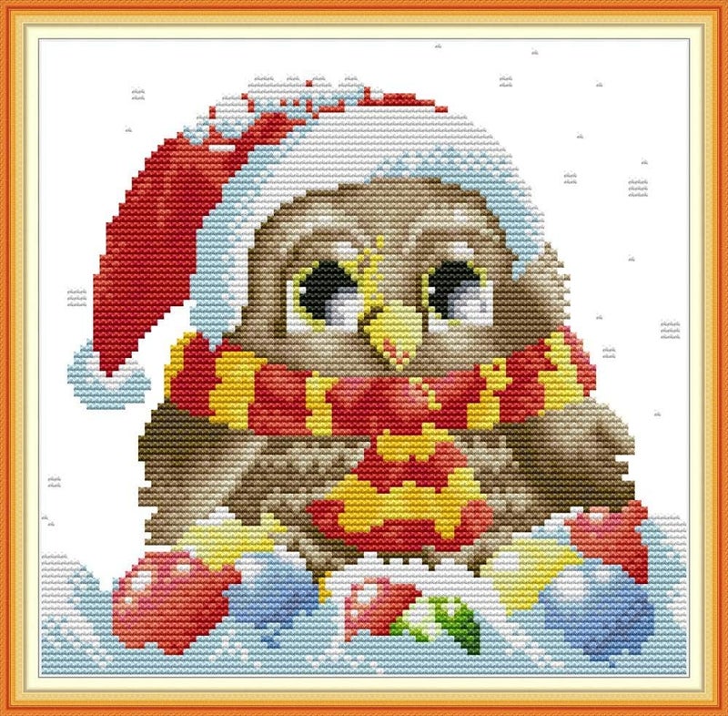 Funcrostitch Counted Cross Stitch Kits for Beginners,14ct Unprinted Pattern Embroidery Kit Dmc Cotton Threads Needleworks for Adults-Christmas Owl 9.8"×8.7" - Image 1
